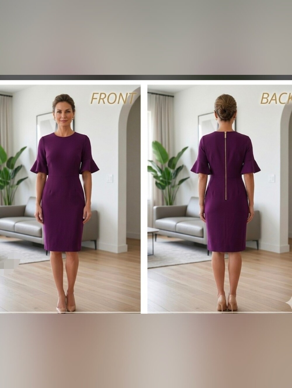 Calvin Klein Plum Sheath Dress with Ruffle Sleeves